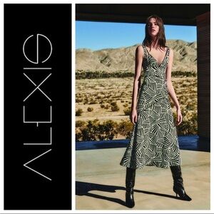 Alexis Black and Cream Geometric V‑Neck Midi Dress